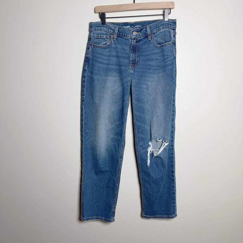 Old Navy Women Cotton Blend Jeans 4 Blue Mid-Rise Boyfriend Loose Distressed
